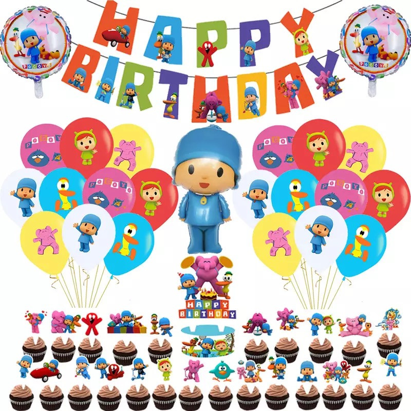 Pocoyo Suministros para fiesta de cumpleaños, decoración de cumpleaños  Pocoyo, diseño de dibujos animados Pocoyo, fondo de cumpleaños para niños y  niñas fiesta de cumpleaños (2,1 x 1,5 m) : : Juguetes